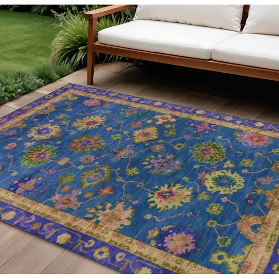 Blue And Gold Floral Washable Indoor Outdoor Area Rug Photo 2