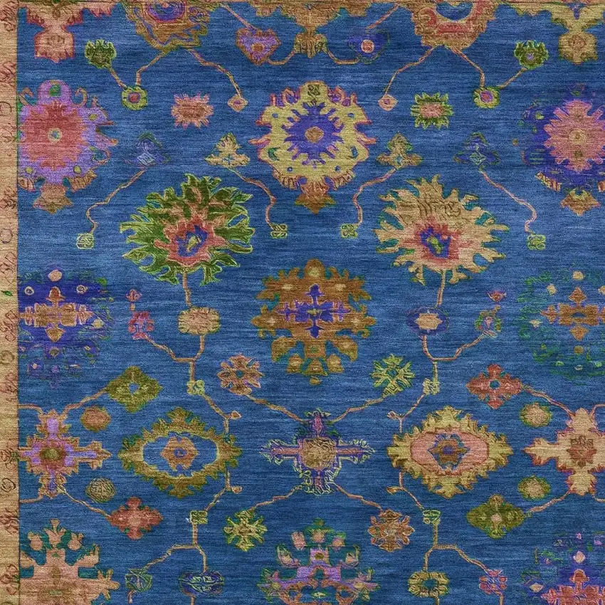 Blue And Gold Floral Washable Indoor Outdoor Area Rug Photo 3