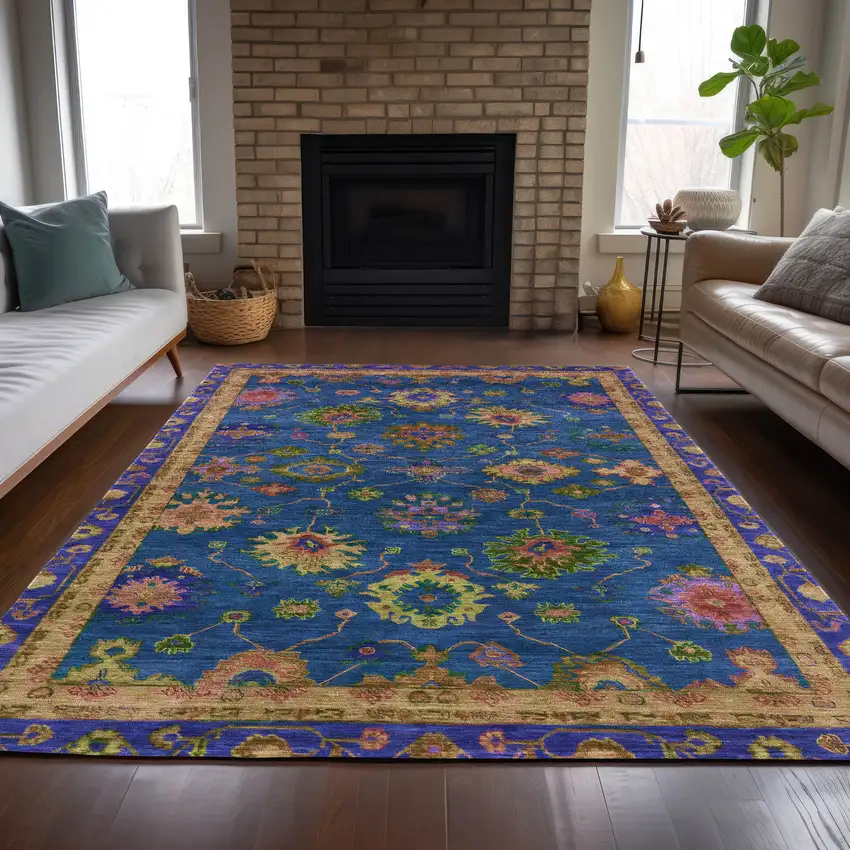 Blue And Gold Floral Washable Indoor Outdoor Area Rug Photo 7