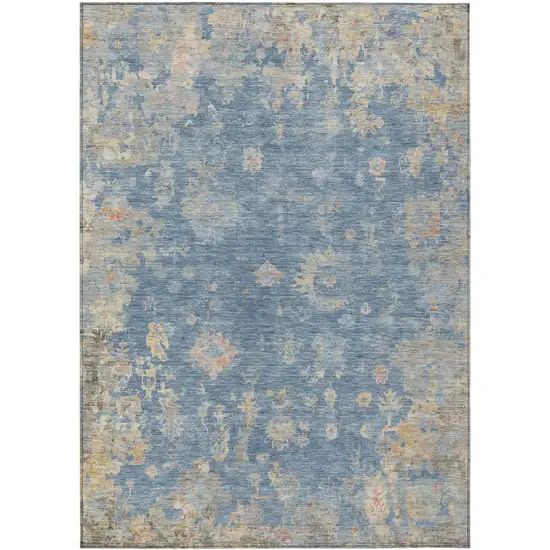 Blue And Gold Floral Washable Indoor Outdoor Area Rug Photo 2