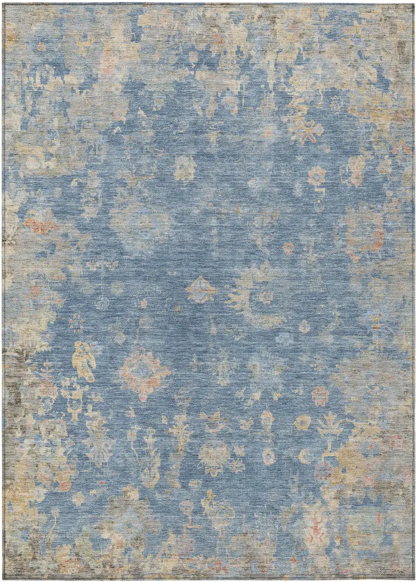 Blue And Gold Floral Washable Indoor Outdoor Area Rug Photo 2