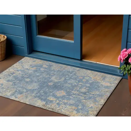 Blue And Gold Floral Washable Indoor Outdoor Area Rug Photo 1