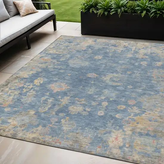 Blue And Gold Floral Washable Indoor Outdoor Area Rug Photo 1