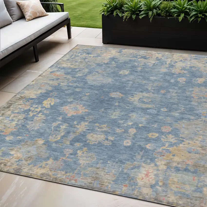 Blue And Gold Floral Washable Indoor Outdoor Area Rug Photo 1
