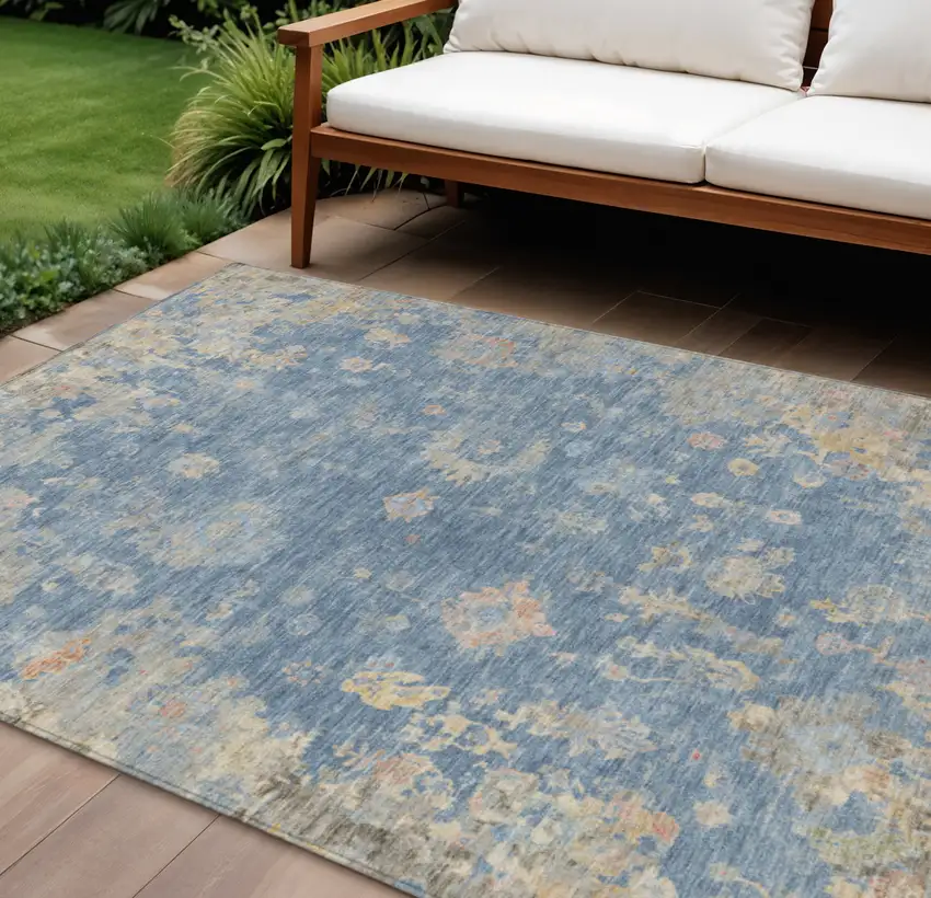 Blue And Gold Floral Washable Indoor Outdoor Area Rug Photo 1