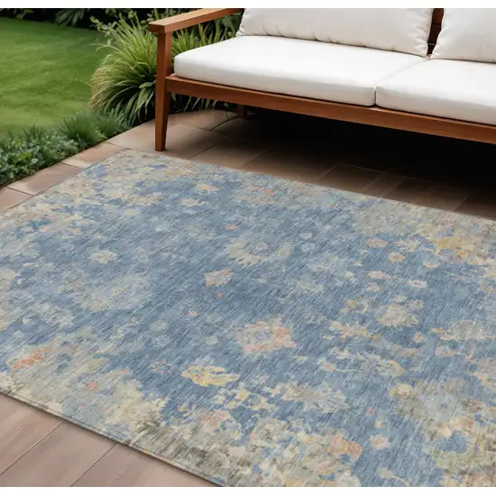 Blue And Gold Floral Washable Indoor Outdoor Area Rug Photo 1