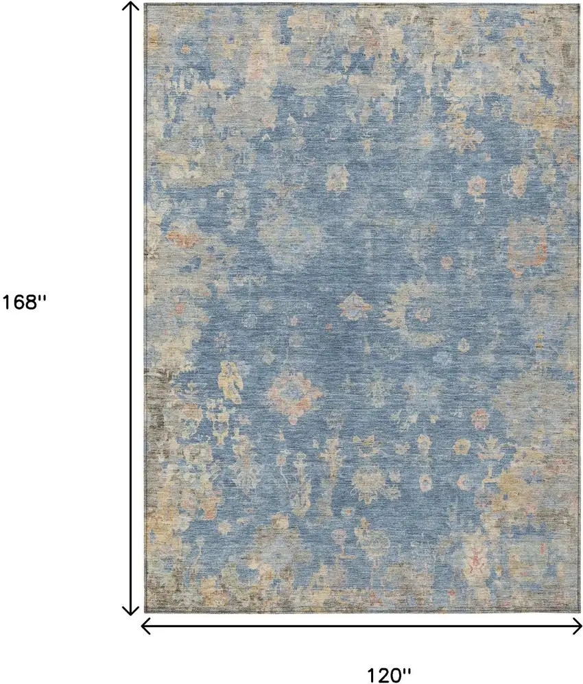 Blue And Gold Floral Washable Indoor Outdoor Area Rug Photo 3