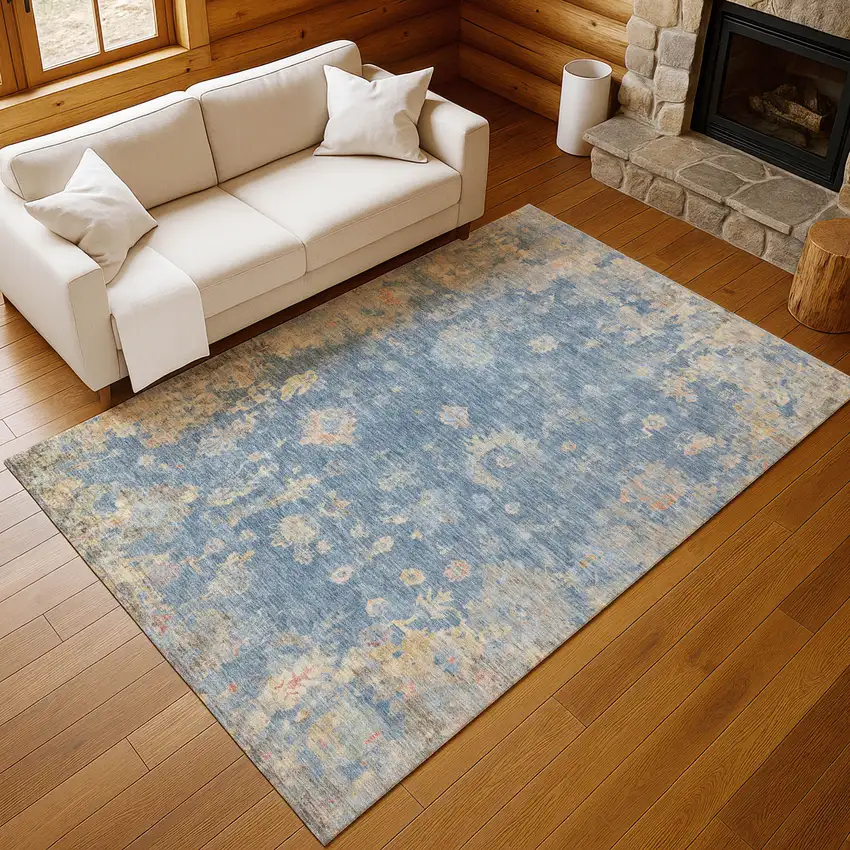 Blue And Gold Floral Washable Indoor Outdoor Area Rug Photo 9