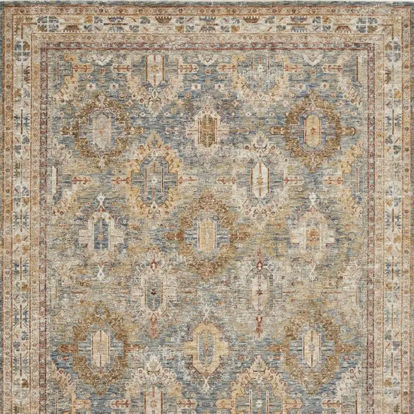 Blue And Gold Geometric Distressed Area Rug Photo 3