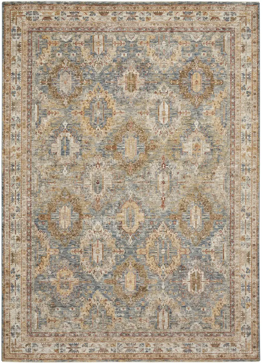 Blue And Gold Geometric Distressed Area Rug Photo 2