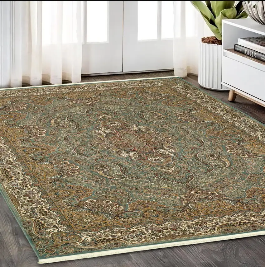 Blue And Gold Medallion Area Rug With Fringe Photo 1
