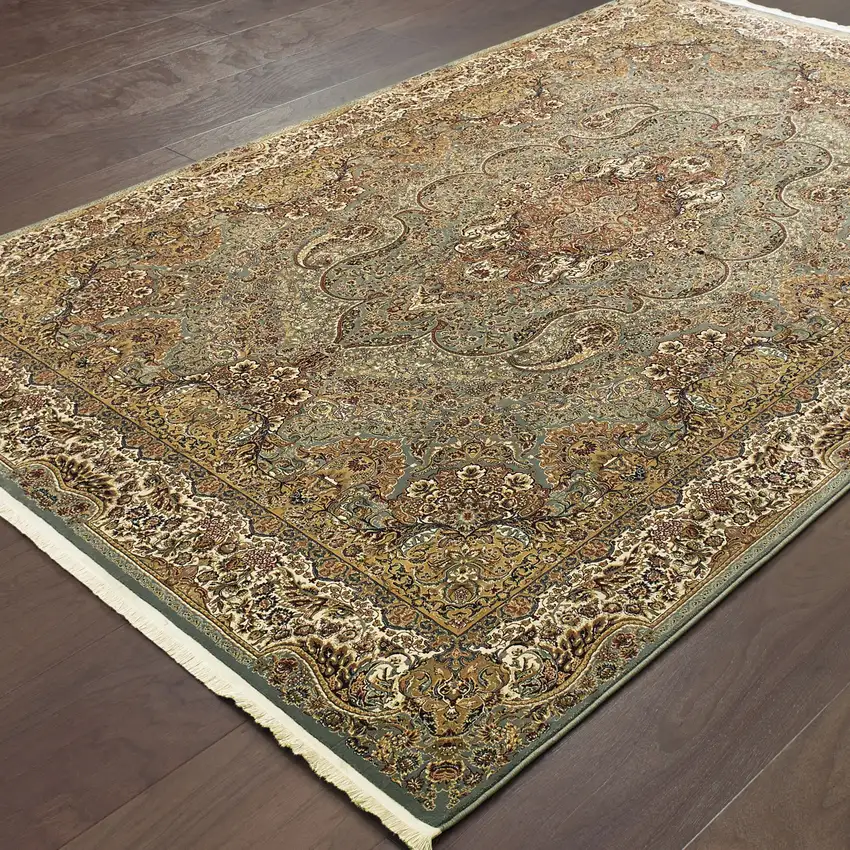 Blue And Gold Medallion Area Rug With Fringe Photo 7