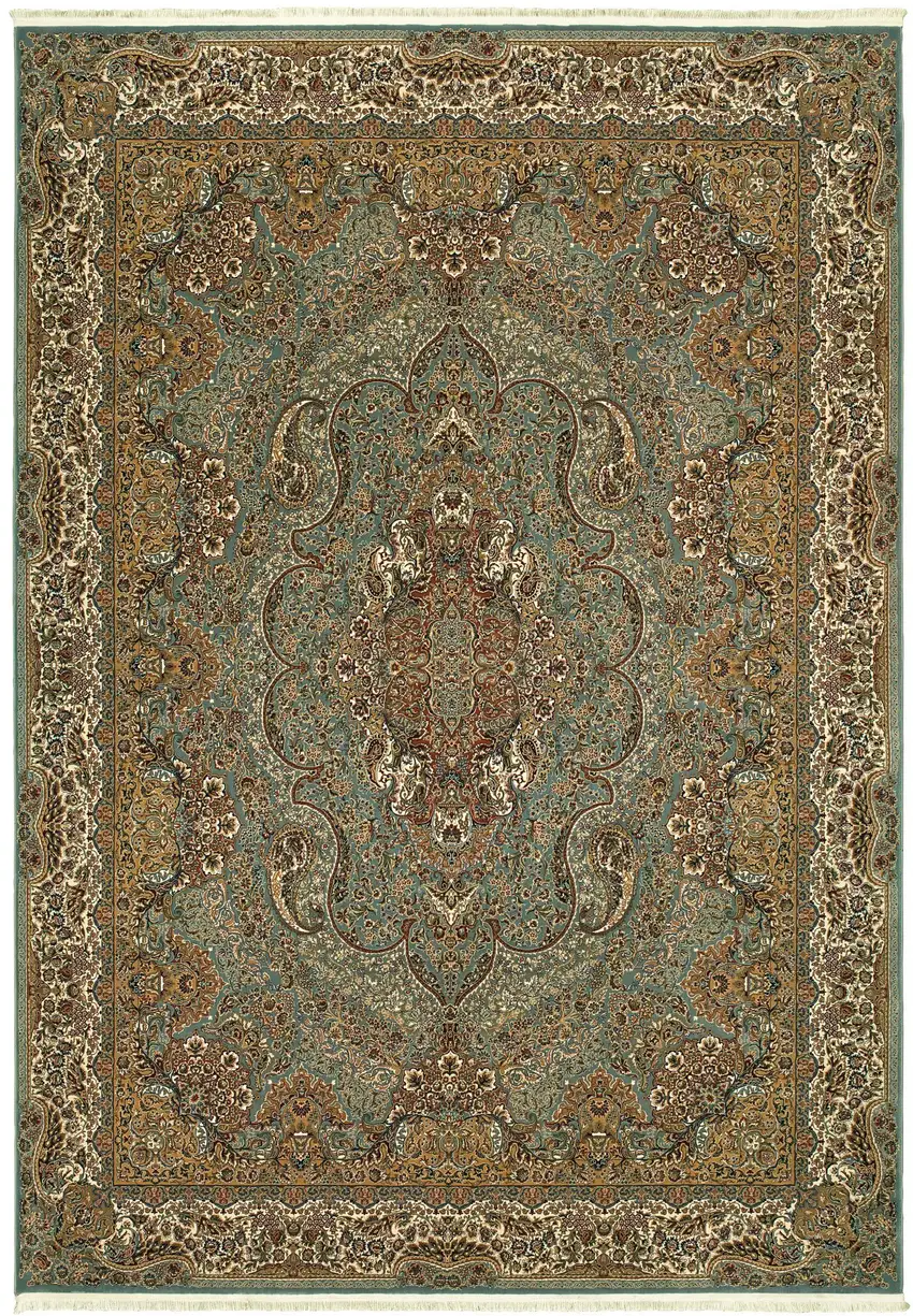 Blue And Gold Medallion Area Rug With Fringe Photo 5