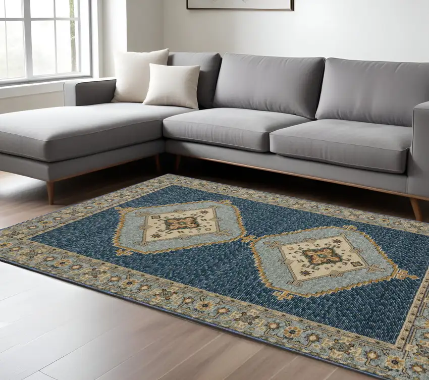 Blue And Gold Medallion Area Rug Photo 1