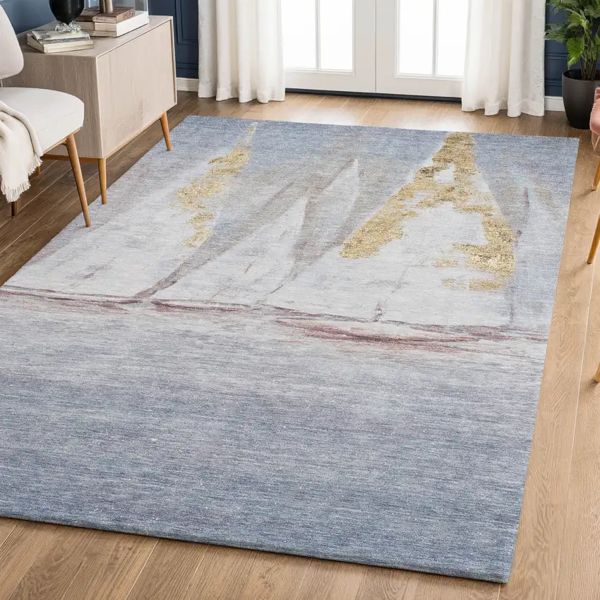 Blue And Gold Nautical Washable Area Rug With UV Protection Photo 5