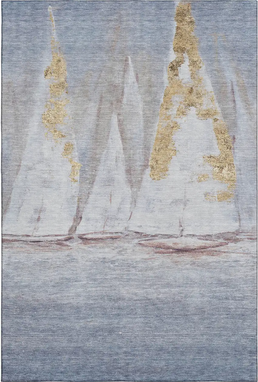 Blue And Gold Nautical Washable Area Rug With UV Protection Photo 6