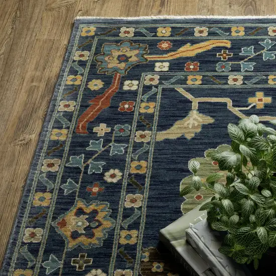 Blue And Gold Oriental Area Rug With Fringe Photo 4
