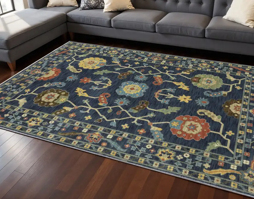 Blue And Gold Oriental Area Rug With Fringe Photo 1