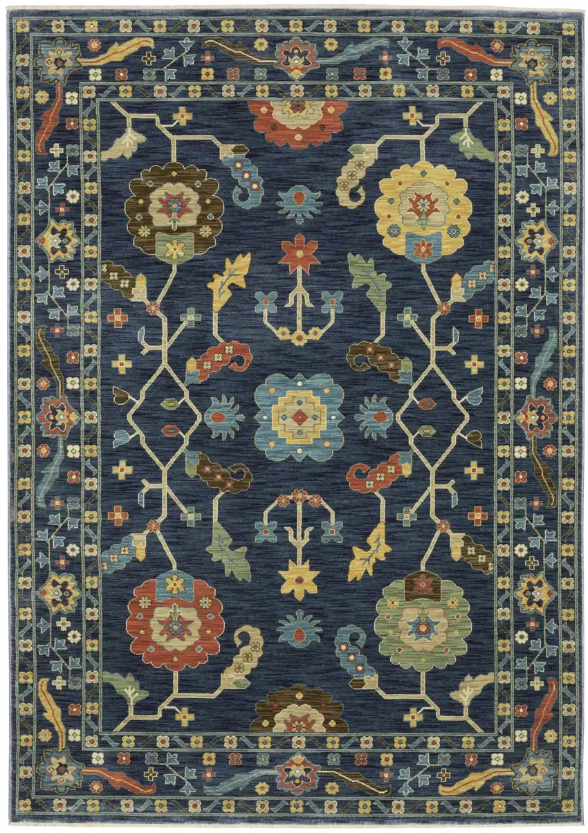 Blue And Gold Oriental Area Rug With Fringe Photo 2