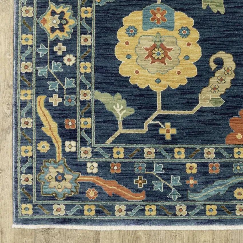 Blue And Gold Oriental Area Rug With Fringe Photo 7