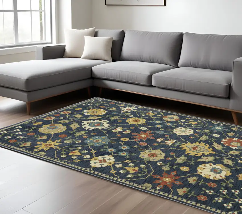 Blue And Gold Oriental Area Rug With Fringe Photo 1