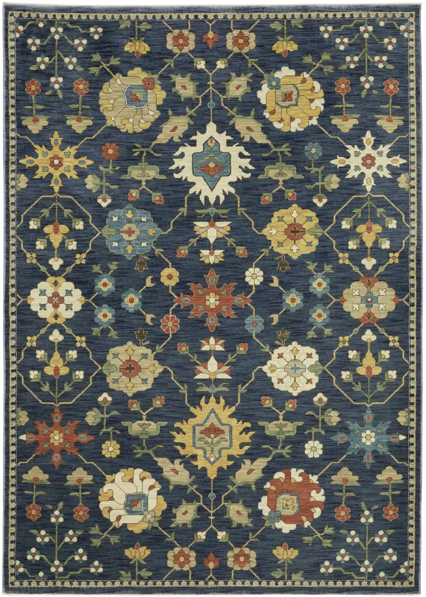 Blue And Gold Oriental Area Rug With Fringe Photo 2