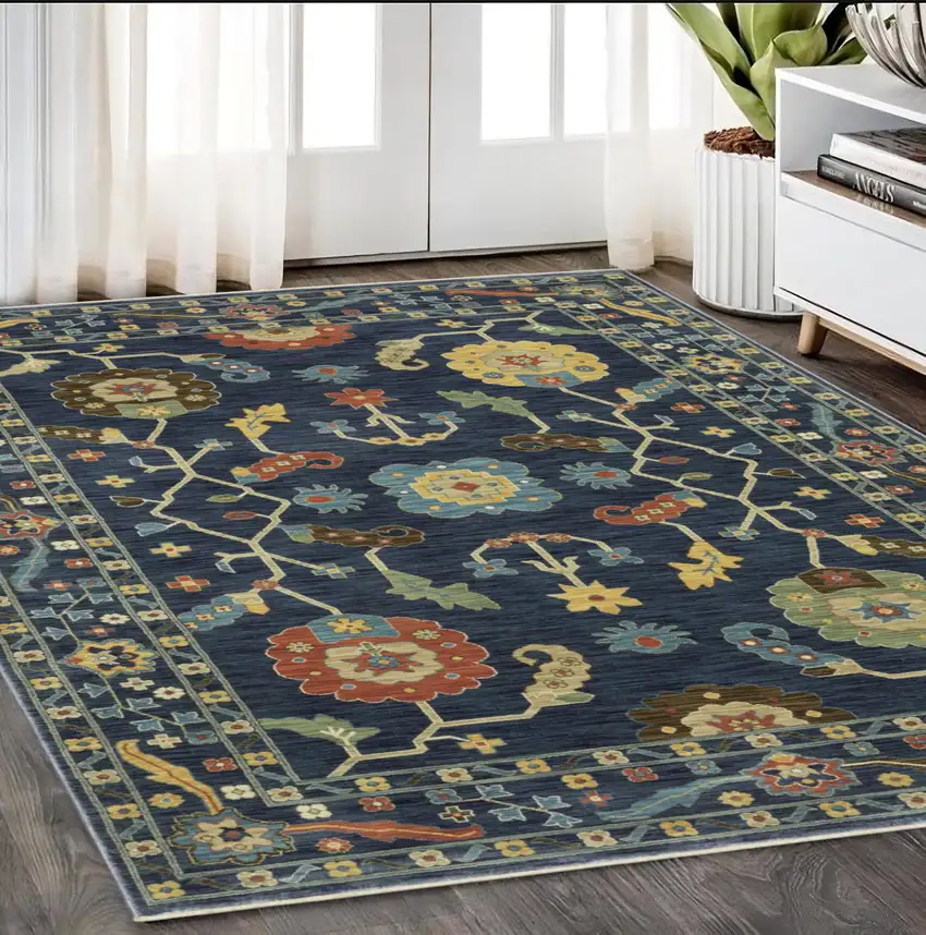 Blue And Gold Oriental Area Rug With Fringe Photo 1