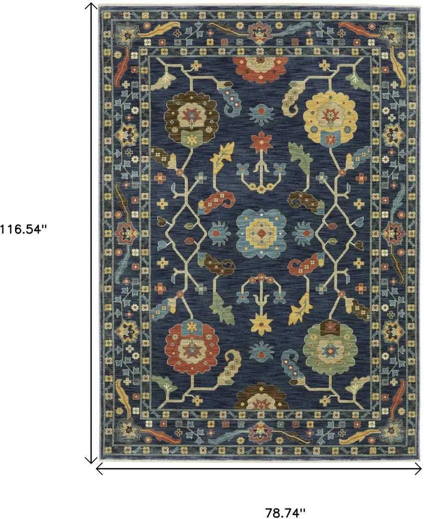 Blue And Gold Oriental Area Rug With Fringe Photo 3