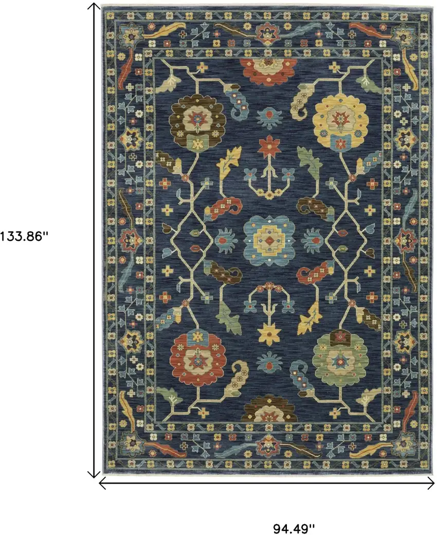 Blue And Gold Oriental Area Rug With Fringe Photo 3