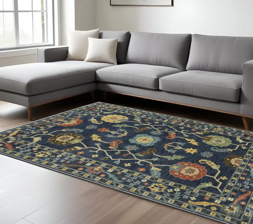 Blue And Gold Oriental Area Rug With Fringe Photo 1