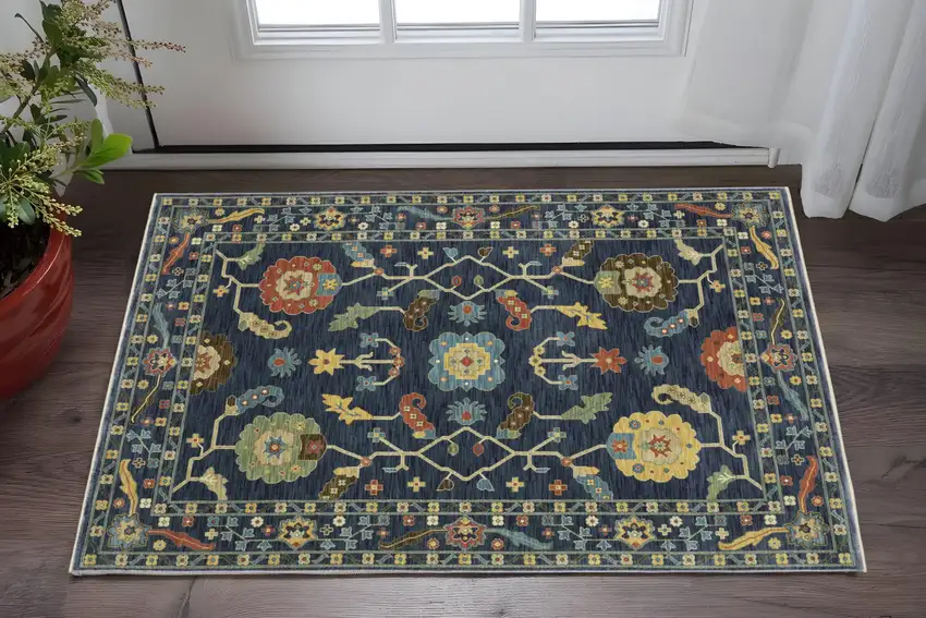 Blue And Gold Oriental Area Rug With Fringe Photo 1