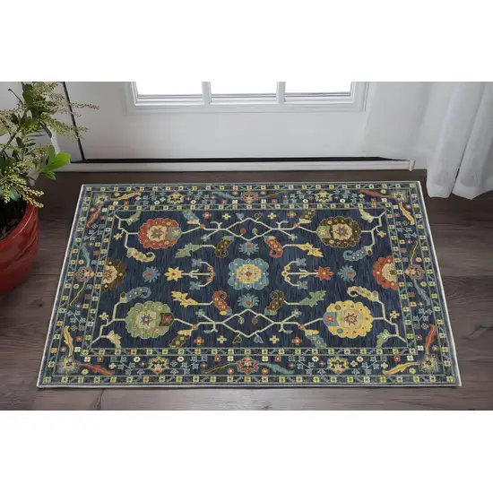 Blue And Gold Oriental Area Rug With Fringe Photo 1