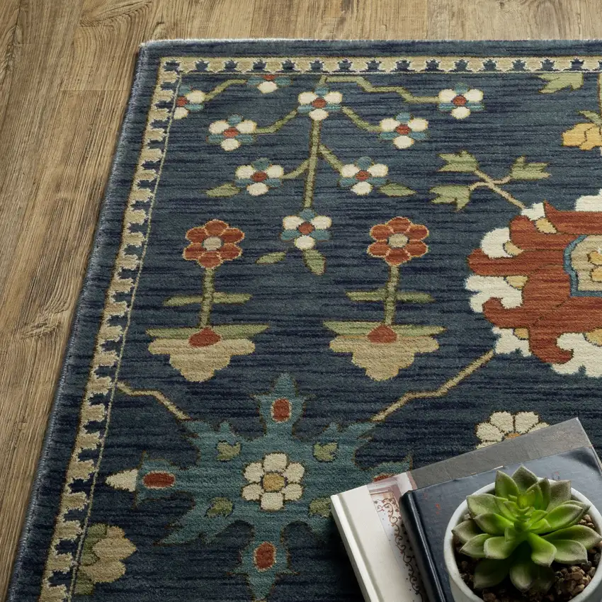 Blue And Gold Oriental Area Rug With Fringe Photo 9