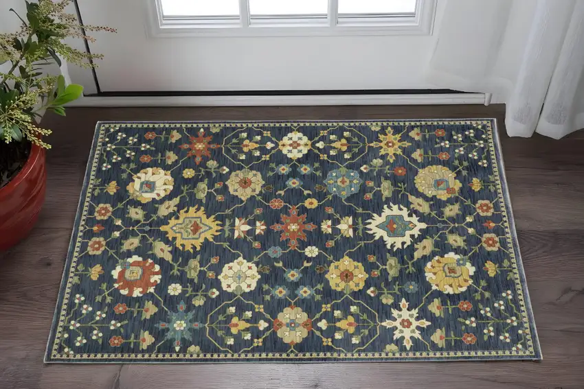 Blue And Gold Oriental Area Rug With Fringe Photo 1