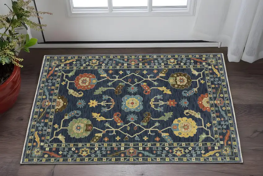 Blue And Gold Oriental Area Rug With Fringe Photo 1