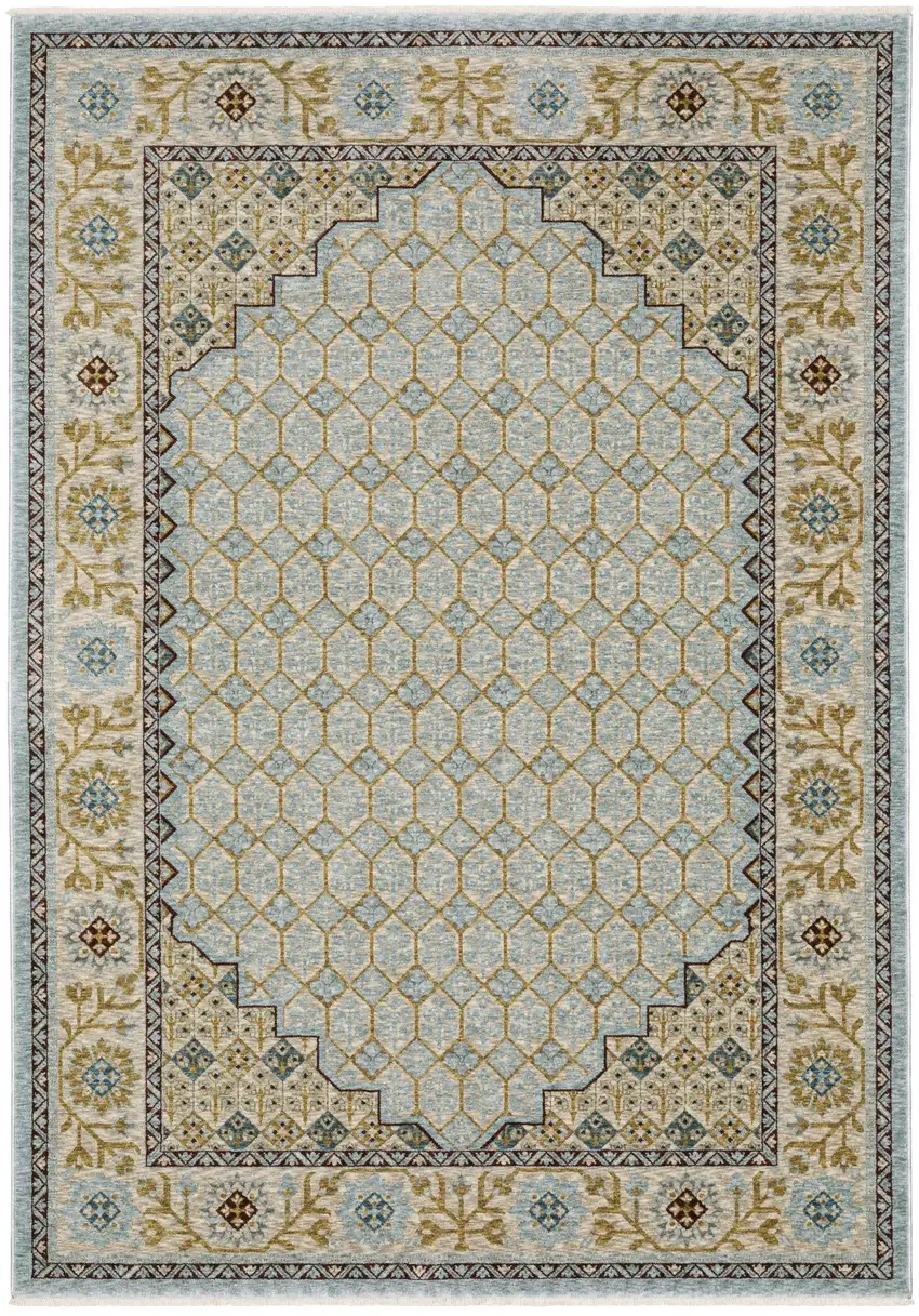 Blue And Gold Oriental Area Rug With Fringe Photo 4