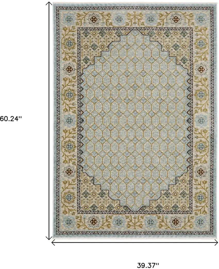 Blue And Gold Oriental Area Rug With Fringe Photo 3
