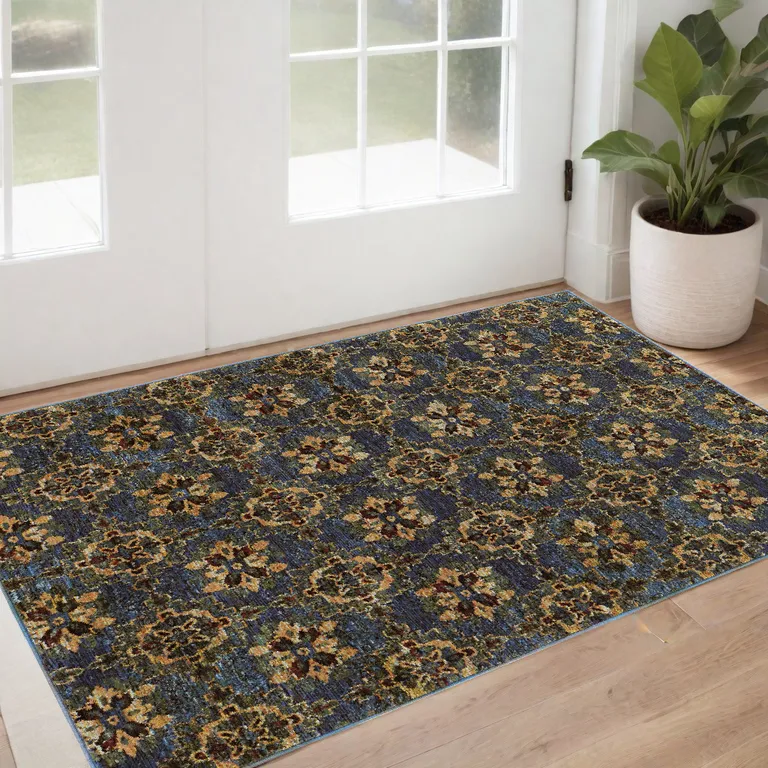 Blue And Gold Oriental Power Loom Stain Resistant Area Rug Photo 5