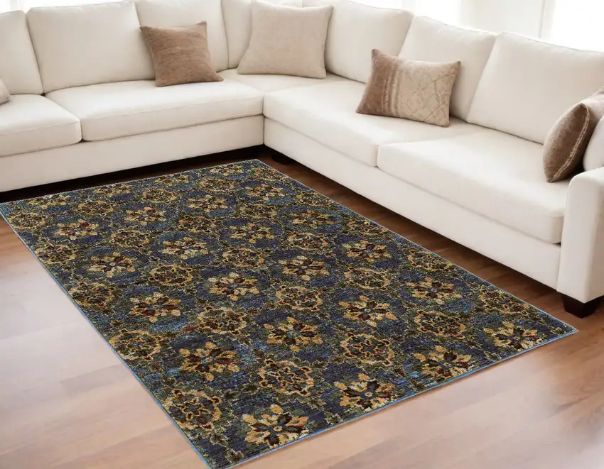 Blue and Gold Oriental Power Loom Area Rug Photo 1