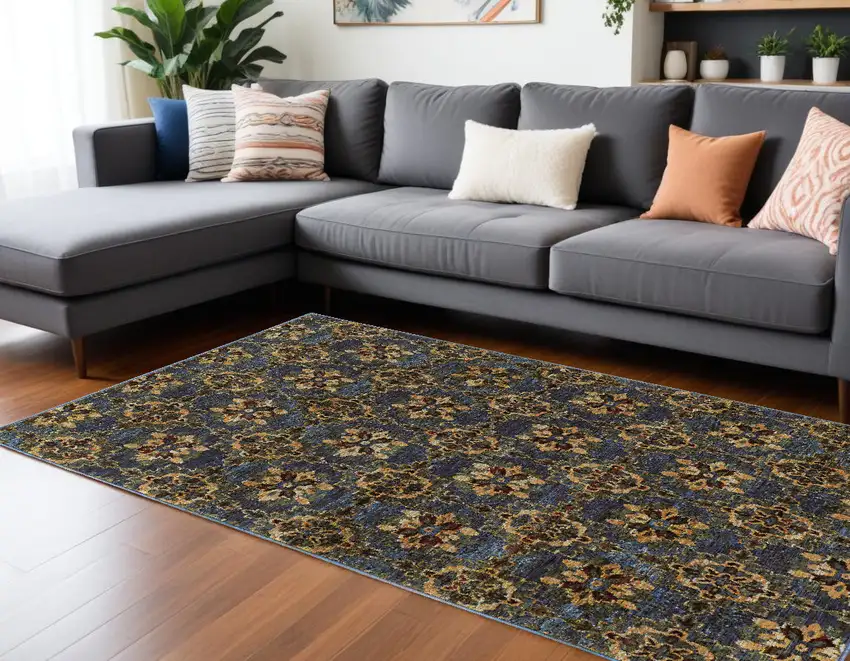 Blue and Gold Oriental Power Loom Area Rug Photo 1