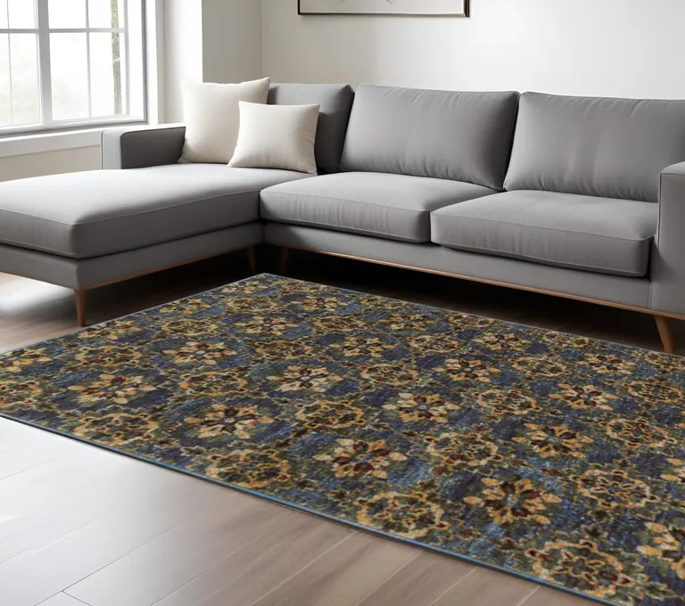 Blue And Gold Oriental Power Loom Stain Resistant Area Rug Photo 5