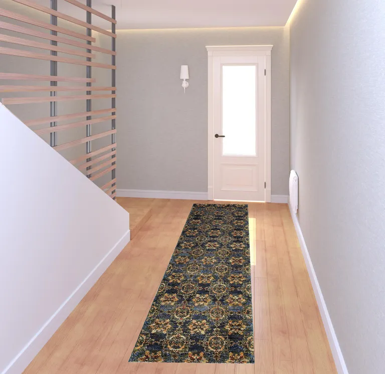 Blue And Gold Oriental Power Loom Stain Resistant Runner Rug Photo 2