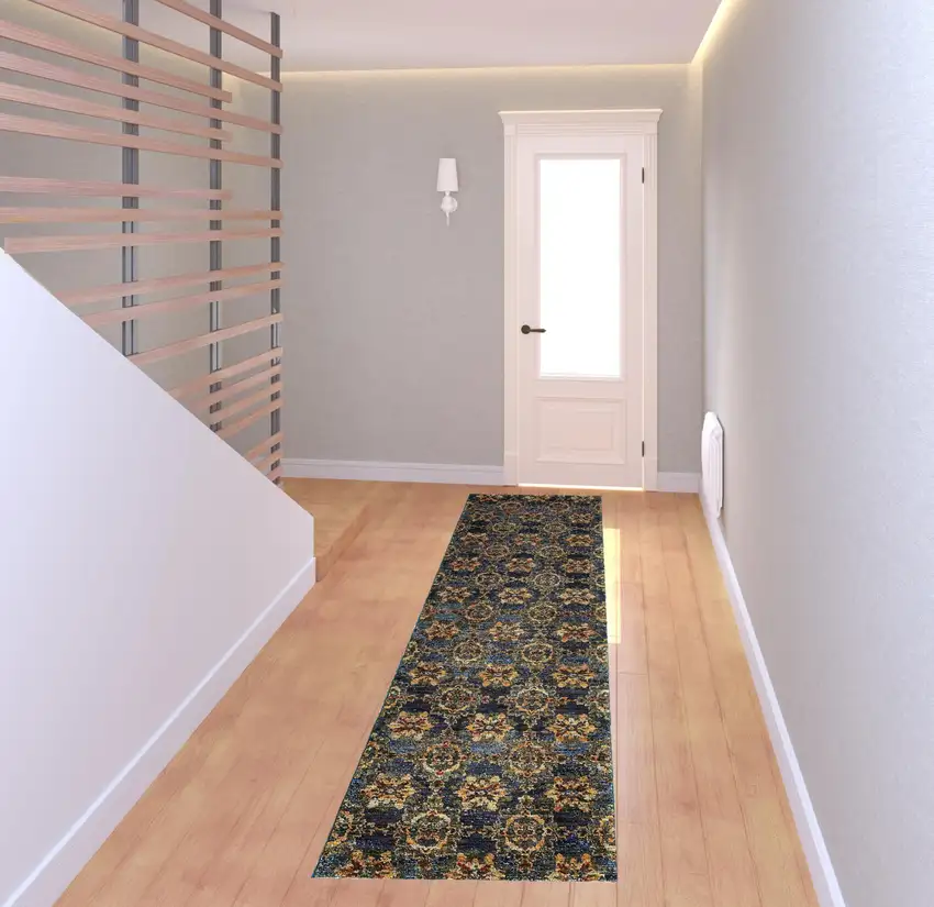 Blue And Gold Oriental Power Loom Stain Resistant Runner Rug Photo 2
