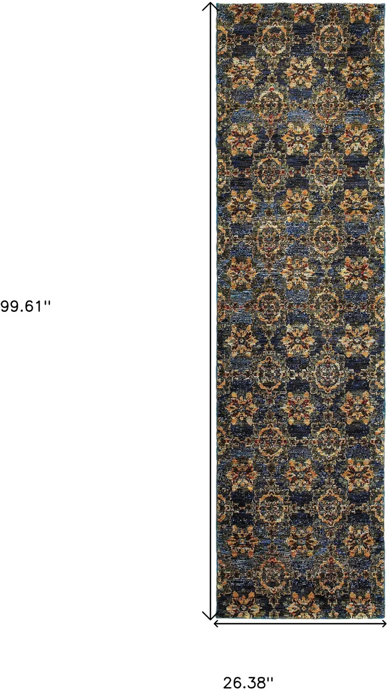 Blue And Gold Oriental Power Loom Stain Resistant Runner Rug Photo 5