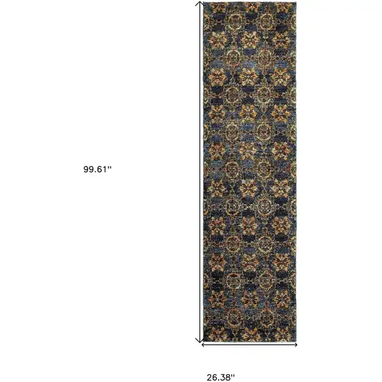 Blue And Gold Oriental Power Loom Stain Resistant Runner Rug Photo 5