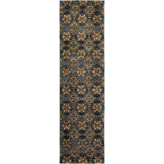 Blue And Gold Oriental Power Loom Stain Resistant Runner Rug Photo 1
