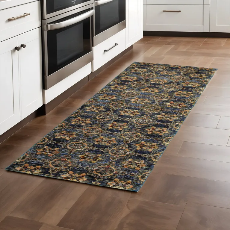 Blue And Gold Oriental Power Loom Stain Resistant Runner Rug Photo 5