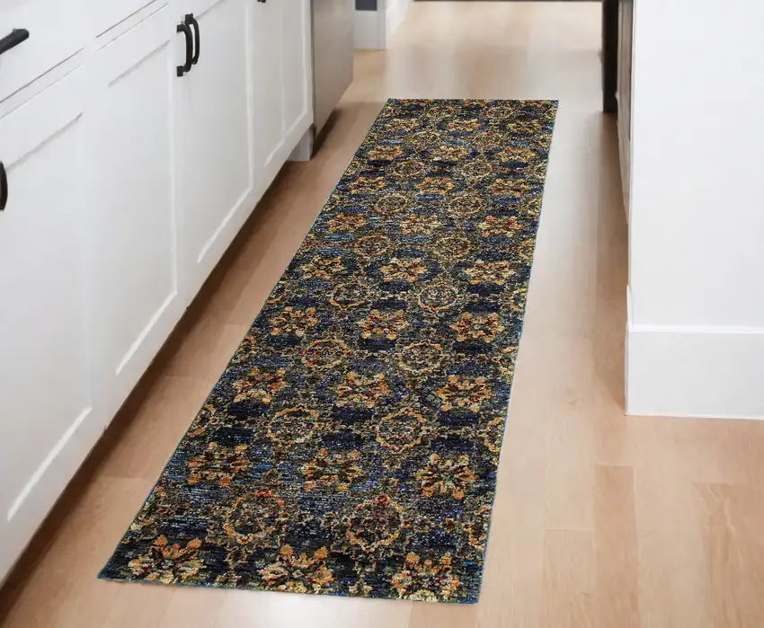Blue and Gold Oriental Power Loom Runner Rug Photo 1