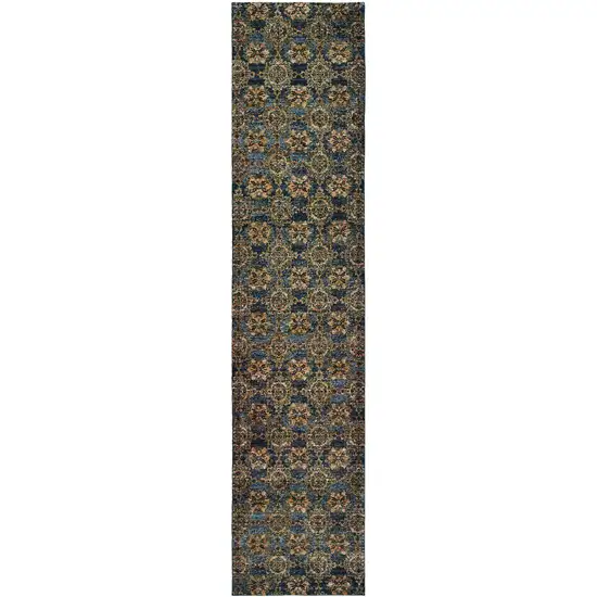 Blue And Gold Oriental Power Loom Stain Resistant Runner Rug Photo 1