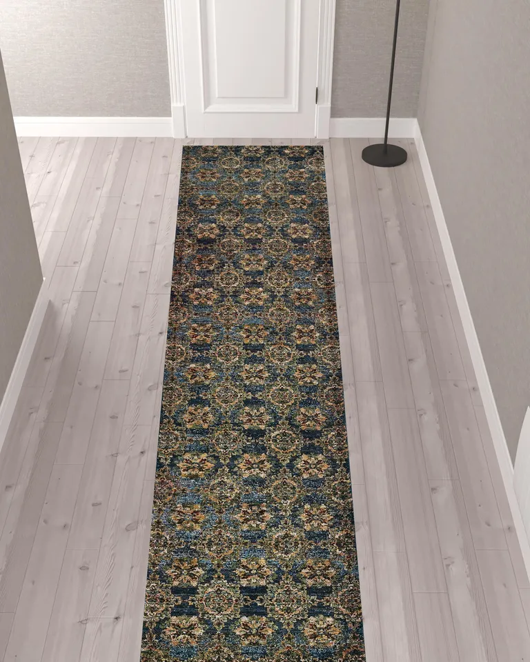 Blue And Gold Oriental Power Loom Stain Resistant Runner Rug Photo 2